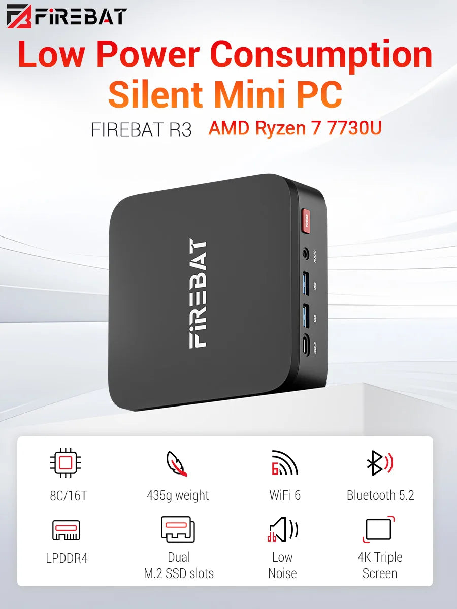Firebat R3 Mini Pc Amd Ryzen7 7730U Ryzen5 7430U Ryzen3 4300U Lpddr4 16Gb Ram M.2 Sata 512Gb Ssd Wifi6 Bt5.2 1000m Lan Windows11 Portable Desktop Computer