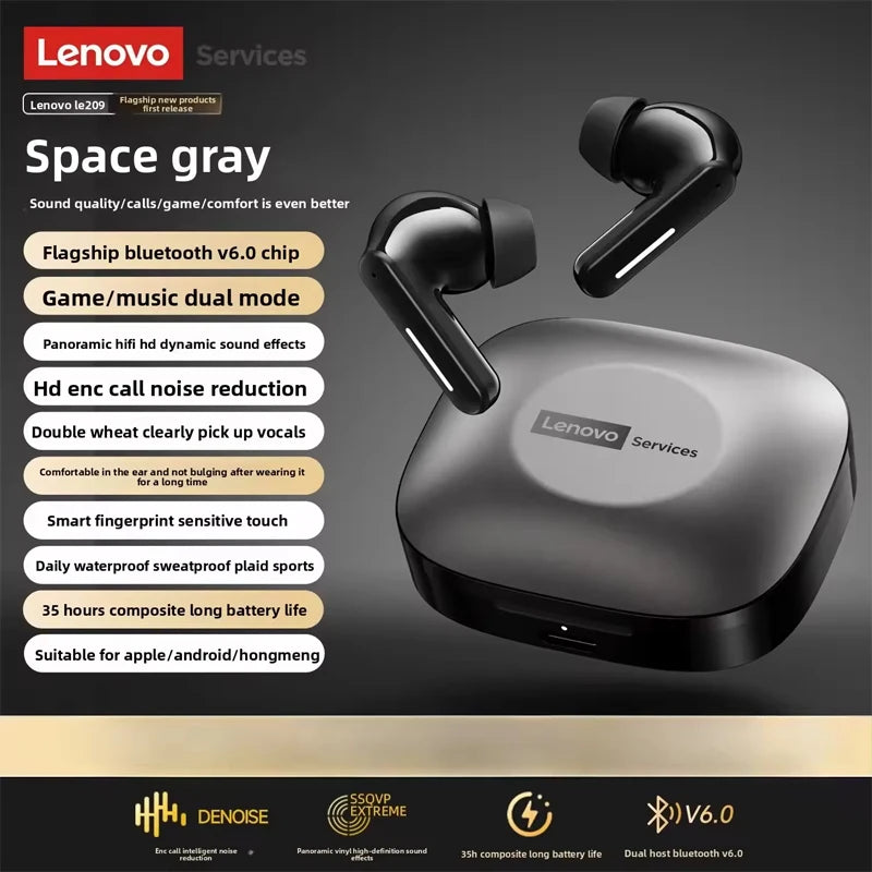New Lenovo LE209 Wireless Bluetooth Earphone ANC Noise Reduction HiFi Music Bluetooth Headphone 30H Battery Life Gaming Headset