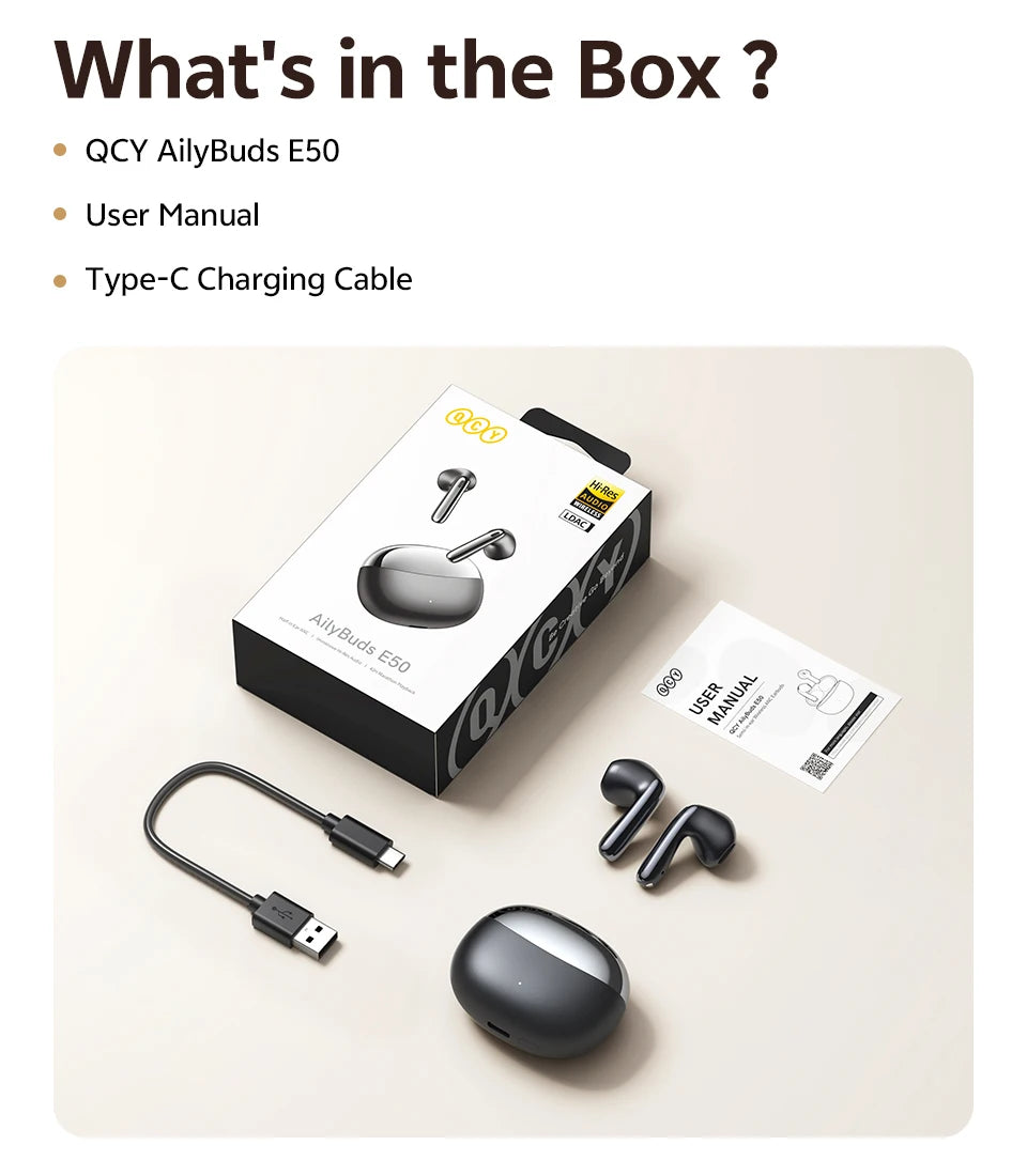 QCY AilyBuds E50 HT11 Wireless Earphones Hi-Res Adaptive Hybrid ANC Headphone Bluetooth 6.0 Spatial Sound Earbuds 11mm Drivers