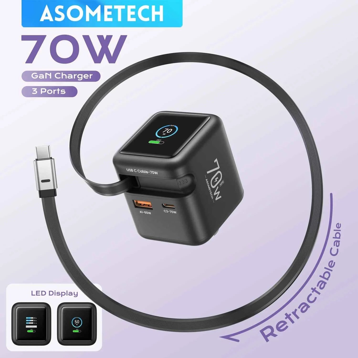 ASOMETECH 70W GaN Charger With Retractable Type C Cable 45W PD QC PPS Travel Charger for iPhone 16 Laptop Macbook Tablet Samsung