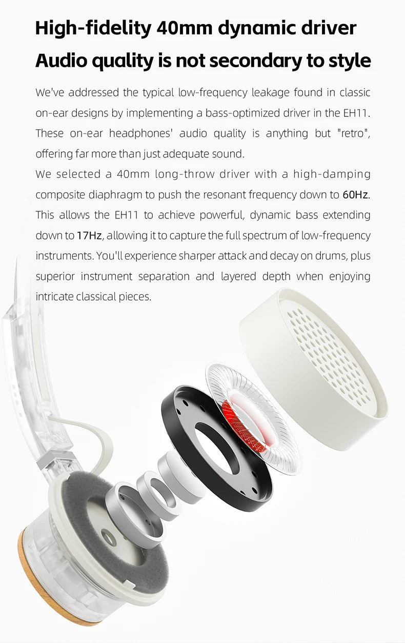 FIIO EH11 On-Ear Bluetooth Headphones, Powerful Bass & LDAC Hi-Res Audio, Lightweight Retro Design, 30H Battery, Dual Device & A