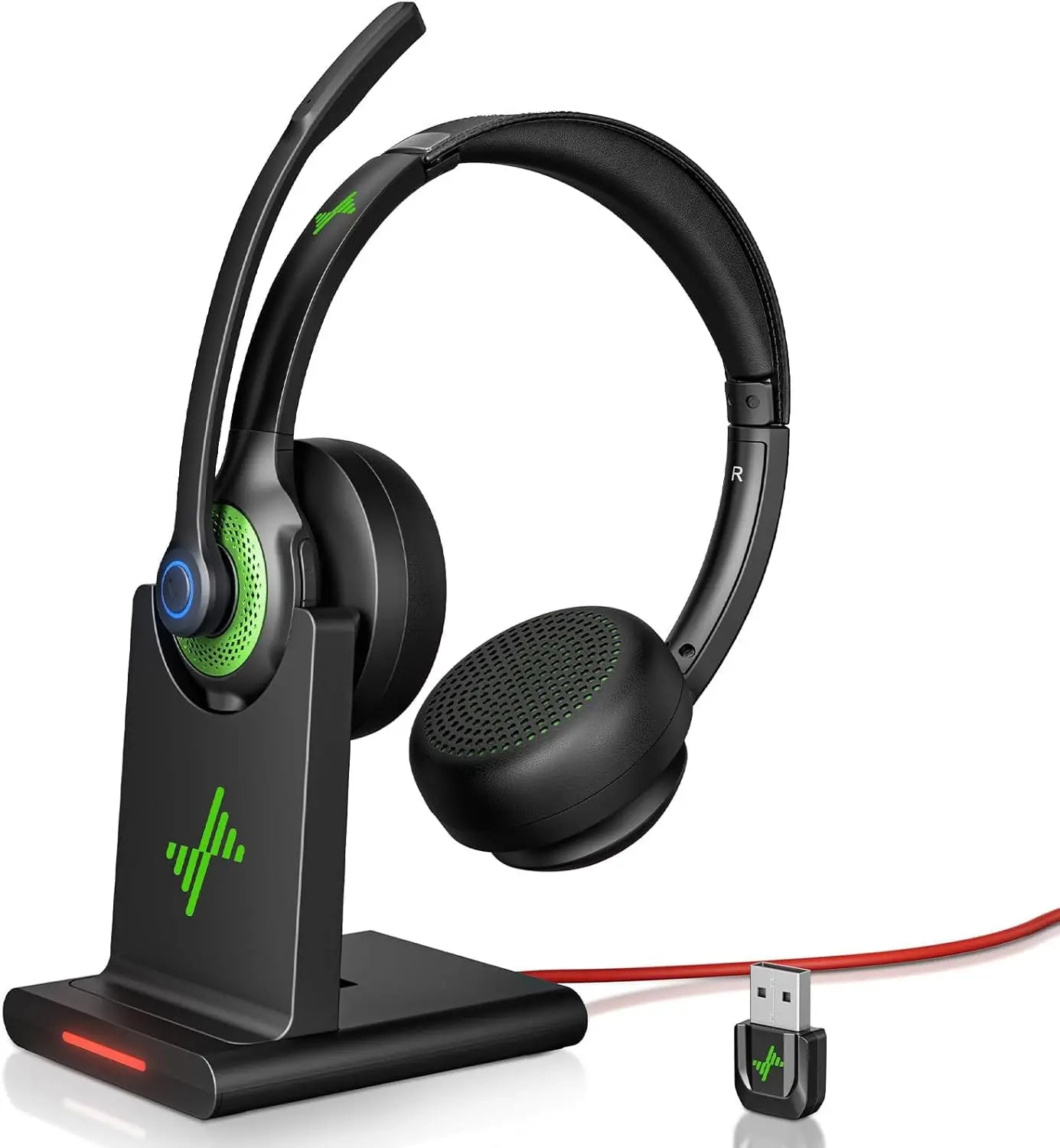 JIAMQISHI EH02P Wireless Headset with AI Noise Cancelling Microphone Headphones Bluetooth V5.2 with USB Dongle,Charging Base