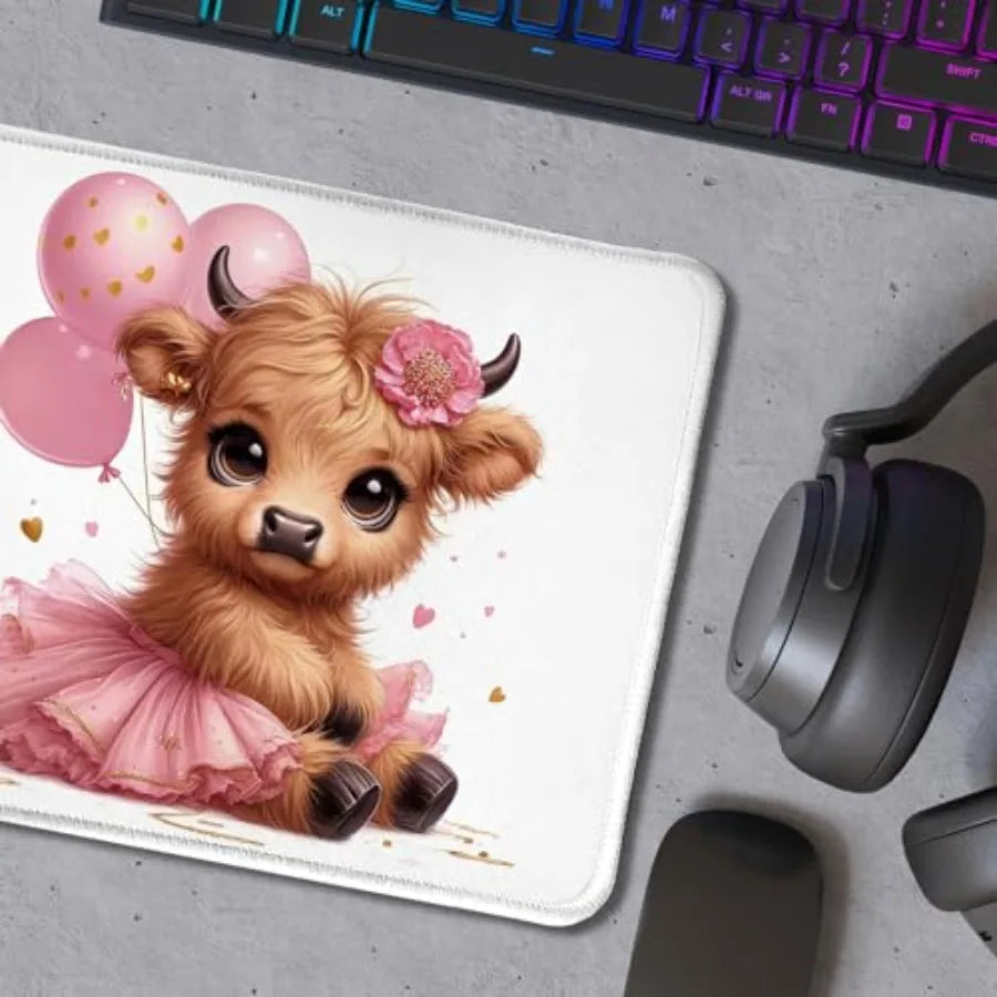 Cute Baby Highland Cow Mouse Pad, Girly Highland Cow Heifer with Balloon Mouse Pads Mousepad for Work Gaming Computers Laptop D