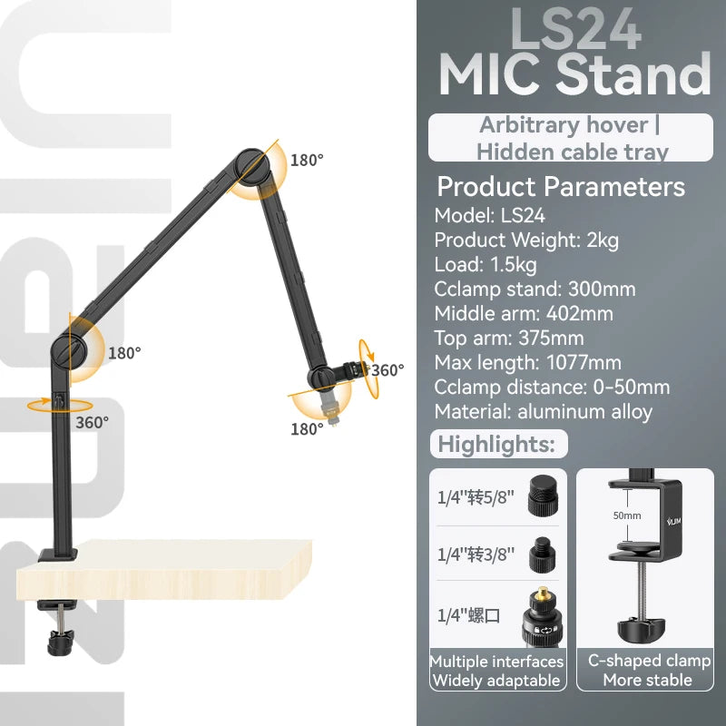 Vijim LS24/LS25 Microphone Boom Arm Stand – Heavy Duty Adjustable Desk Mount for Blue Yeti, DSLR Camera, Smartphone & Streaming Setup