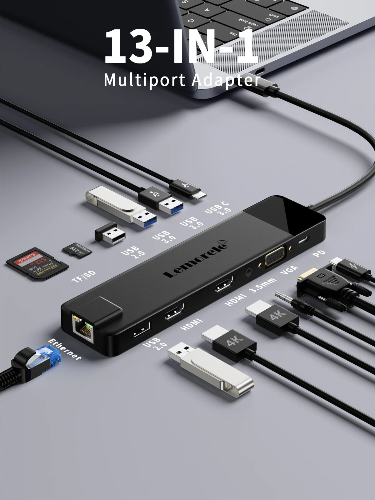 Lemorele USB-C Hub 13-in-1 Gigabit Docking Station VGA USB Type C Hub 4K30Hz HDMI-compatible USB 3.0 Adapter RJ45 PD100W