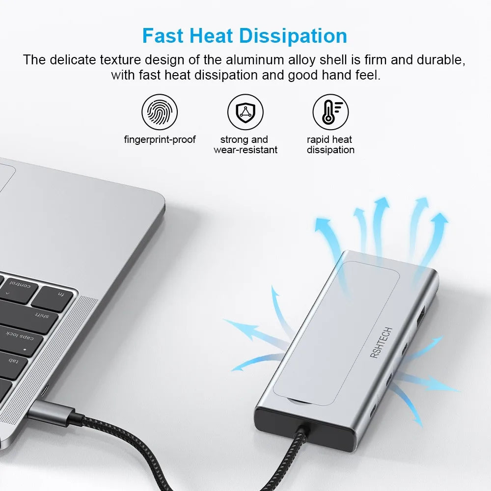RSHTECH M.2 NVMe/SATA SSD Enclosure 5-in-1 Aluminum 10Gbps USB C Hub with 3 USB 3.2 Data Ports 100W Power Delivery and M2 SSD Docking Station External USB-C to M.2 Caddy for Laptops MacBook