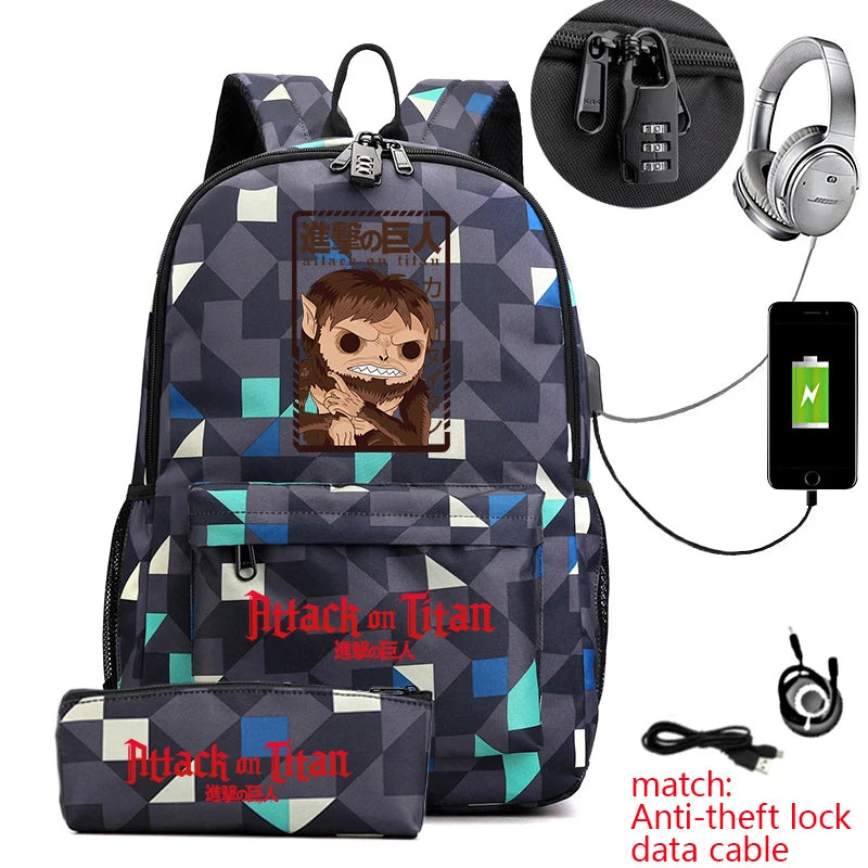 Attack on Titan Anime Print School Backpack Anti-Theft Laptop Bag for Boys Girls with Pencil Case