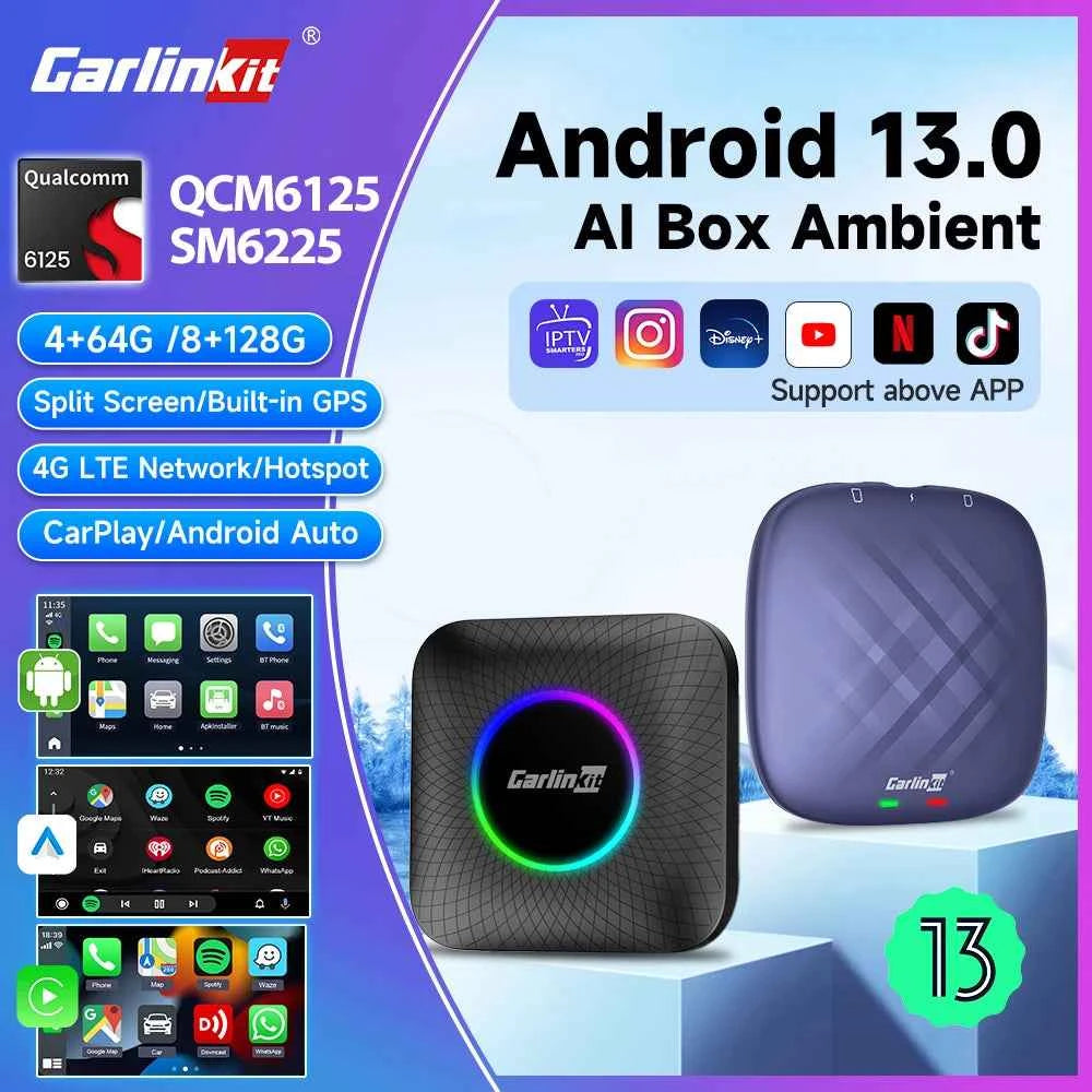 Carlinkit Ai Box Android 13 Led Wireless Android Auto & CarPlay Smart Tv Box QCM6225 Support Youtube Netflix Car Accessories