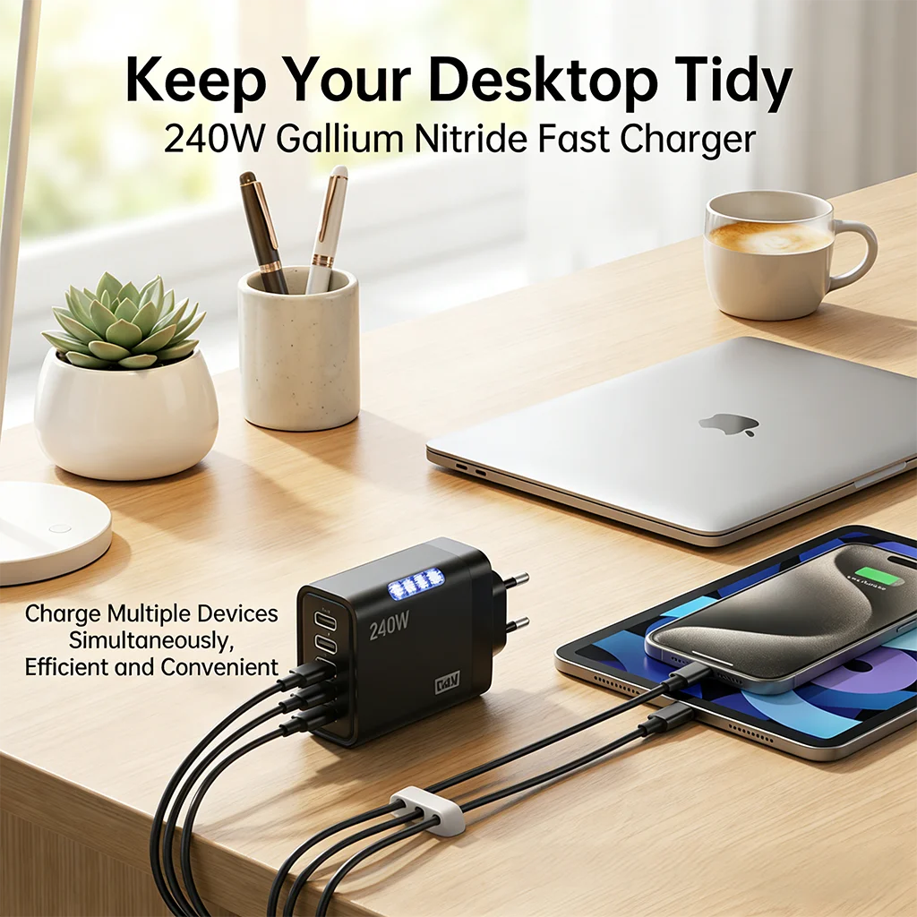 240W GaN Charger 5-in-1 3USB-C PD and 2USB-A QC3.0 Fast Charging for iPhone 16 17 Samsung S25 S24 Xiaomi 15 16 17 Huawei Mate