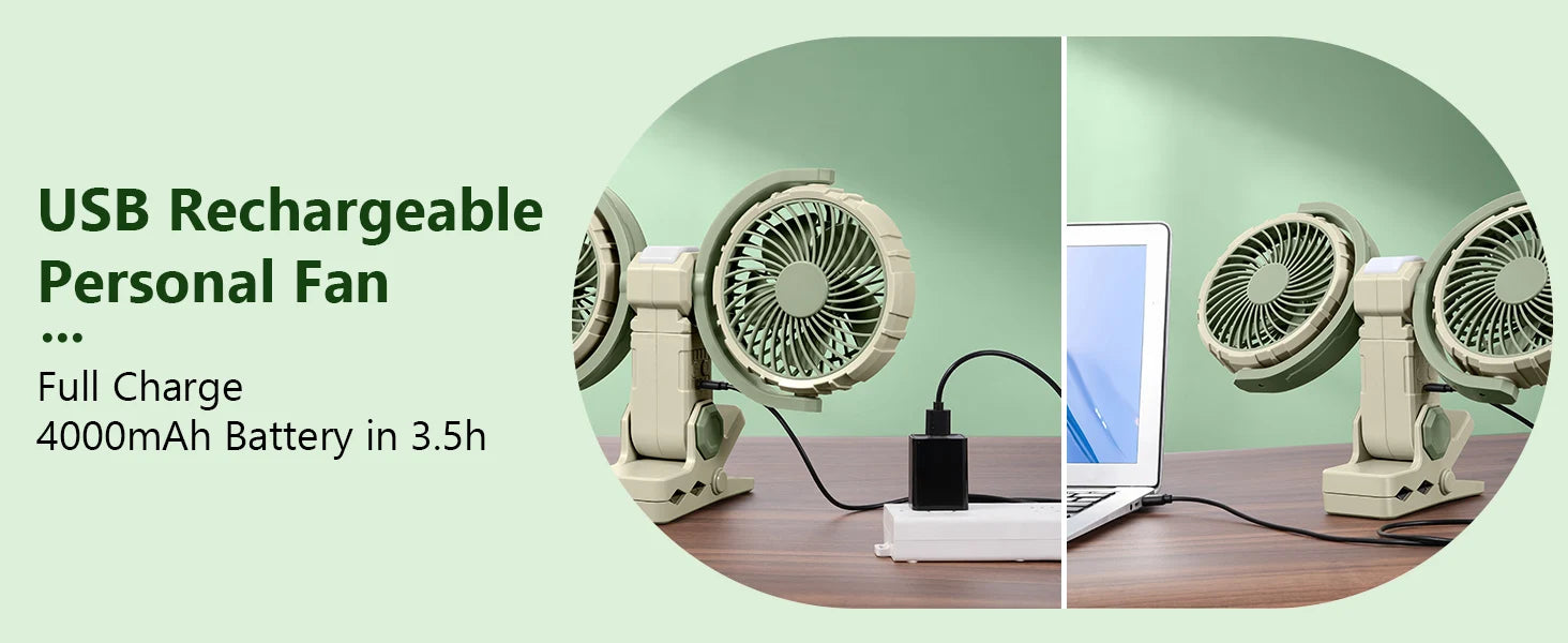 Eary Dual Head Clip On Fan Mount For Desktop With 4000mAh Battery Operated 3 Speed Adjustable 360 Rotatable Desk Air Cooling Fan