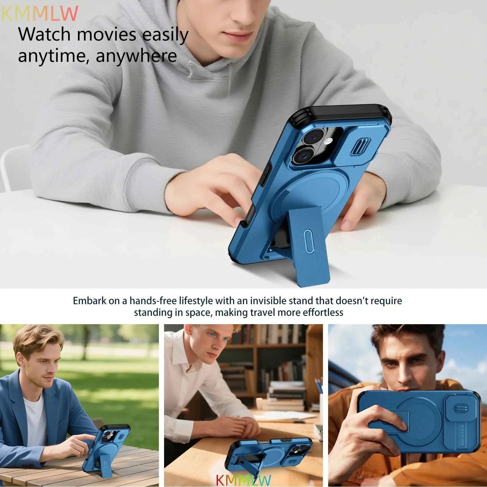Lens Protect Camera Phone Case for iPhone 16 15 14 13 12 11 Pro Max Plus 16e Magnetic Kickstand Cover