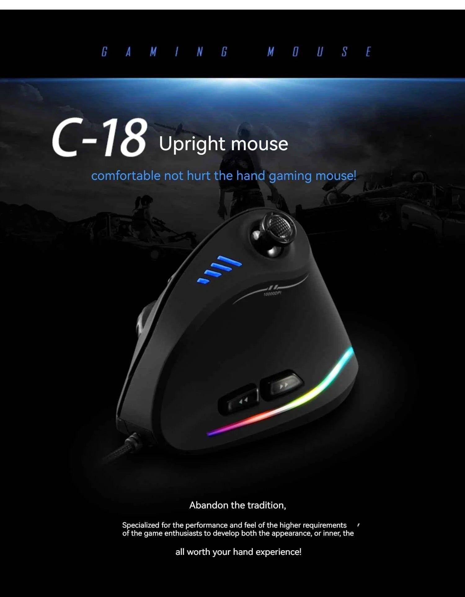 C-18 Vertical Gaming Mouse 10000 DPI Programmable 11 Buttons USB Wired RGB Optical Remote Mouse Gamer Mice For Laptop PC