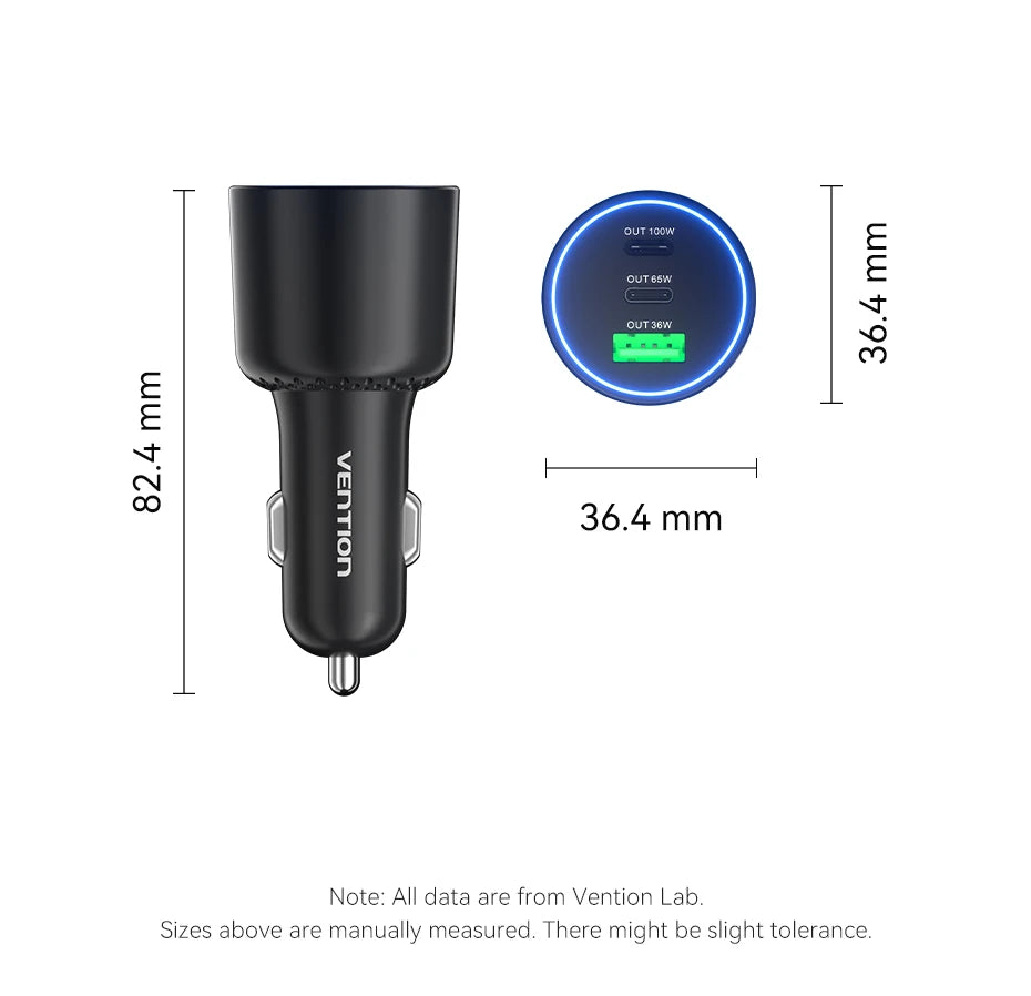 Vention 165W USB C Car Charger 3-Ports PD QC 4.0 45W For Samsung S25 iPhone 17 16 Macbook 100W Fast Charging Adapter With LED