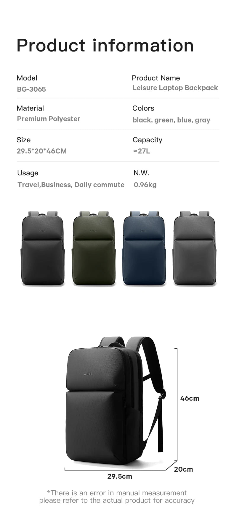 BANGE Simple Design Large Capacity Laptop Backpack Water Resistant Computer Backpack Fits 16 Inch Laptop Back Pack Bag for Male