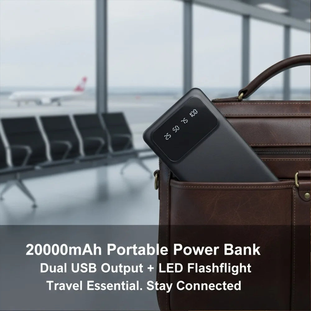 20000mAh Large Capacity Power Bank, 5V 2.1A Portable USB Charger with LED Digital Display, Dual USB Output Ports, Type-C & Micro Dual Inputs, Safe Stable Lithium Polymer Battery, Compatible with iOS & Android Devices