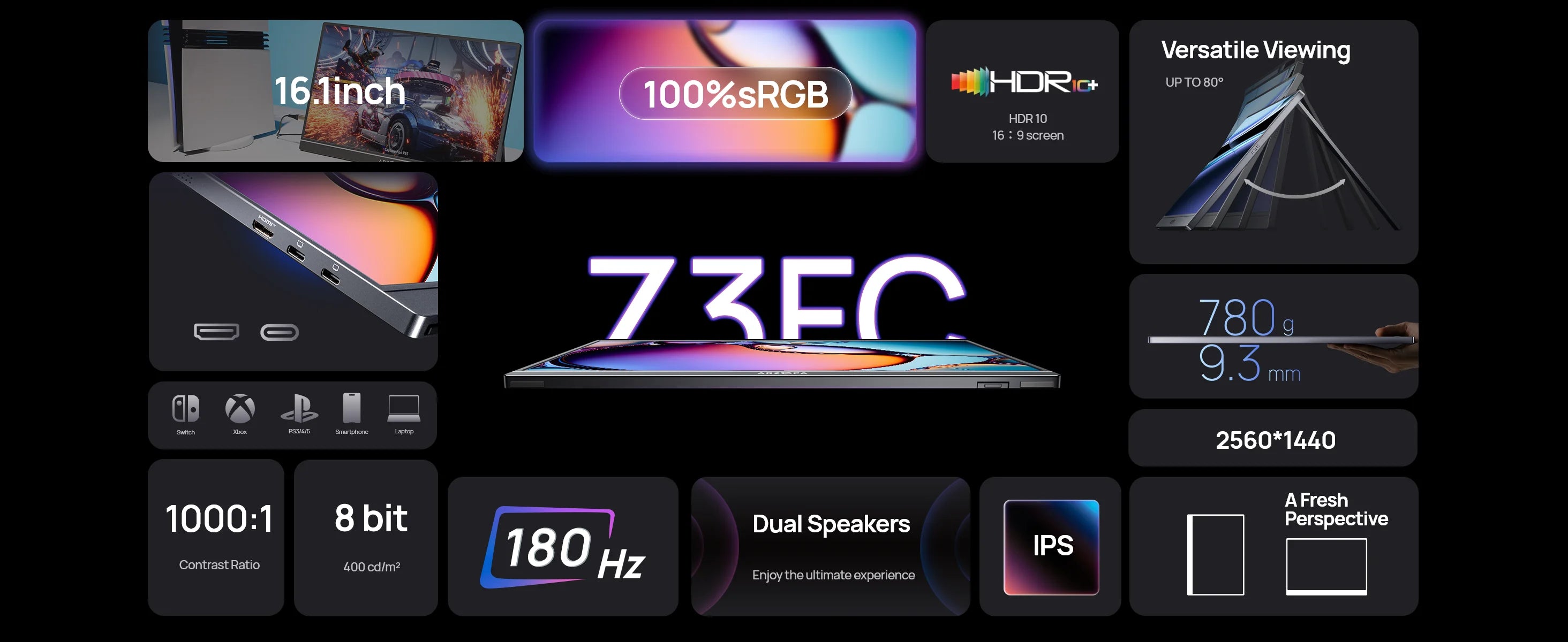ARZOPA 16.1inch 2.5K 180Hz 100%sRGB Portable Gaming Monitor HDR10 External Second Display Screen Z3FC Grey with Bag