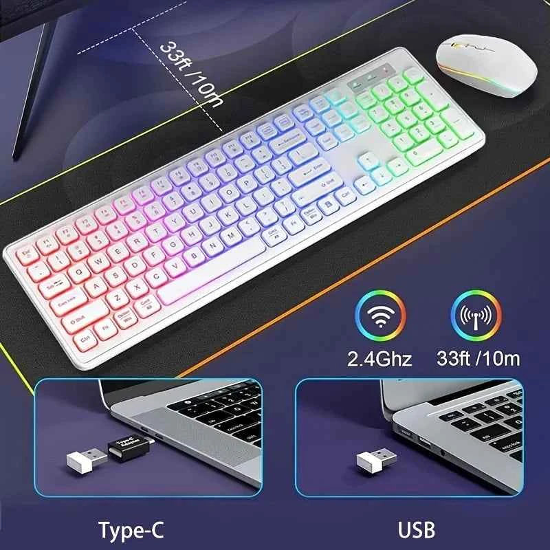 Jomaa 2.4G USB Wireless Keyboard and Mouse Combo Backlit Rechargeable Wireless Keyboard Set USB Cordless Combo for Computer M.c