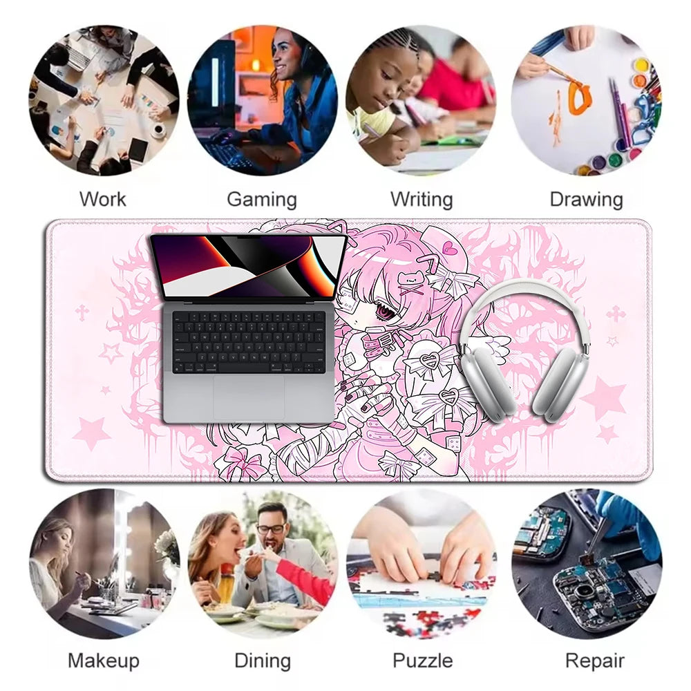 Anime Cute Angel Girls Mouse Pad Laptop Gaming Extended Desk Mat PC Kawaii Gamer Cabinet Mousepad XXL Keyboard Rug Pink Carpet