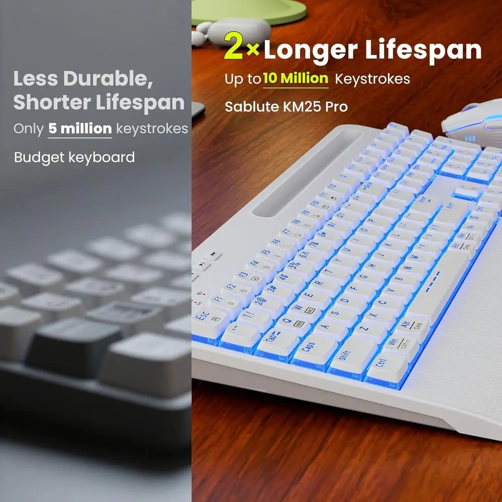 Wireless Ergonomic Backlit Keyboard and Mouse Set, 4000mAh Rechargeable, USB, Wrist Rest & Pen Holder, Quiet Typing, Windows Com