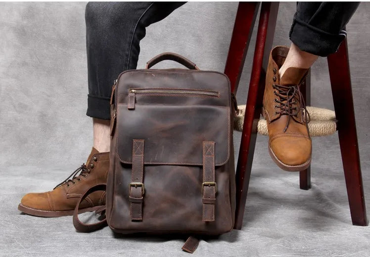 Vintage Crazy Horse Genuine Leather Backpack Men Bagpack Cowhide Hiking Backpack 17