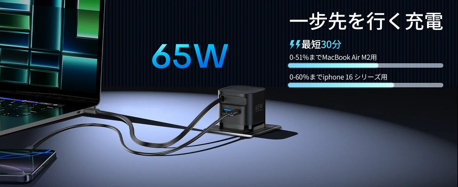 65W GaN Fast Charger with Retractable Cable, Foldable Plug, Quick Charging Block, for iPhone , Samsung , iPad, Android Phones