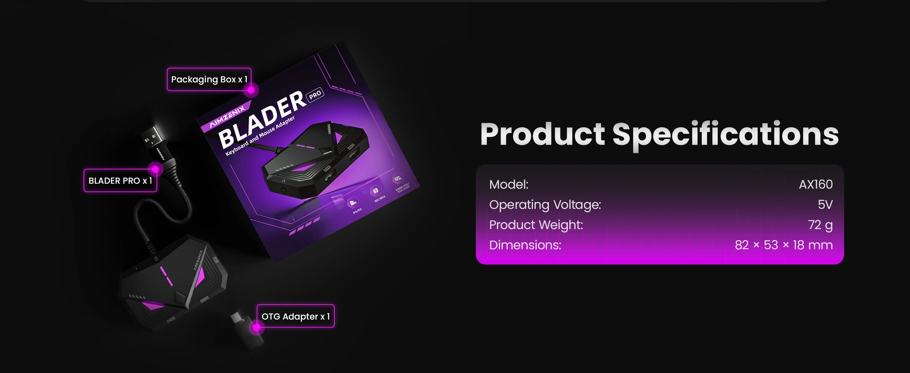 Aimzenix Blader Pro AX160 Keyboard And Mouse Converter for PS4, XONE, X360, XSS, XSX, N-Switch, Supports 3.5mm Headphones, APP