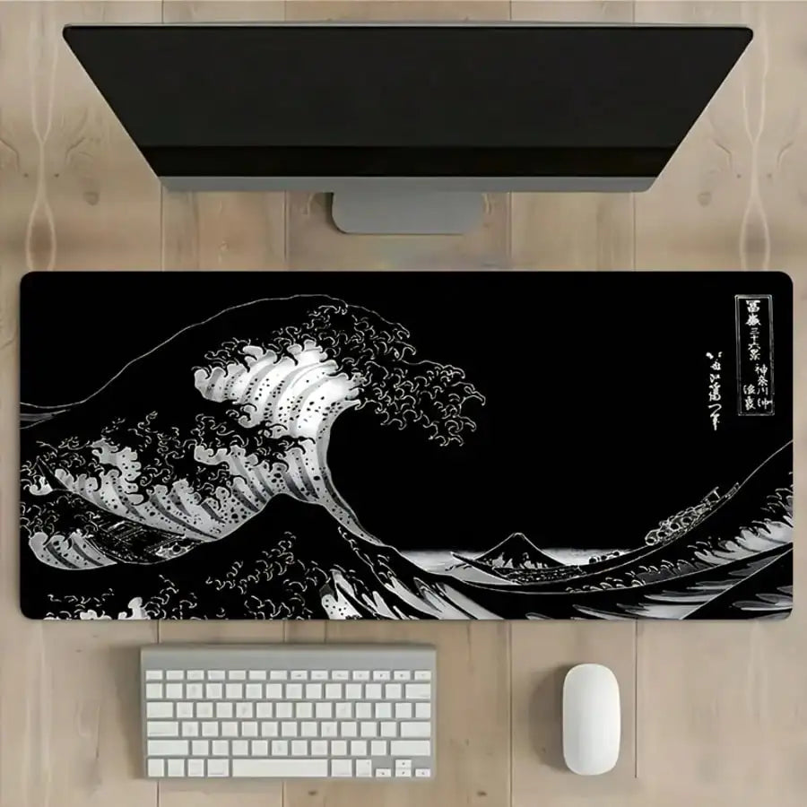 XXL Gaming Mouse Pad Featuring A Black-And-White Wave Art Design; Washable Surface; Stylish Rectangular Desk Mat Suitable For Desktops, Laptops, Office Work
