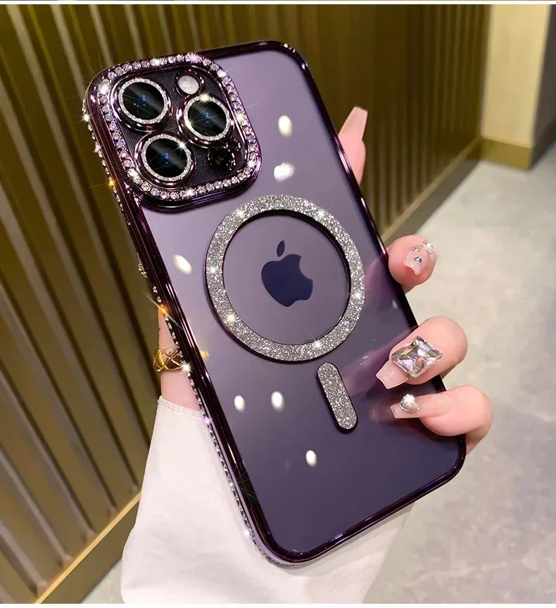 New Fashion Glitter Diamond Transparent Case For iPhone 16 15 14 13 17 12 Pro Max 16 Plus Magnetic Wireless Charge Bumper Cover