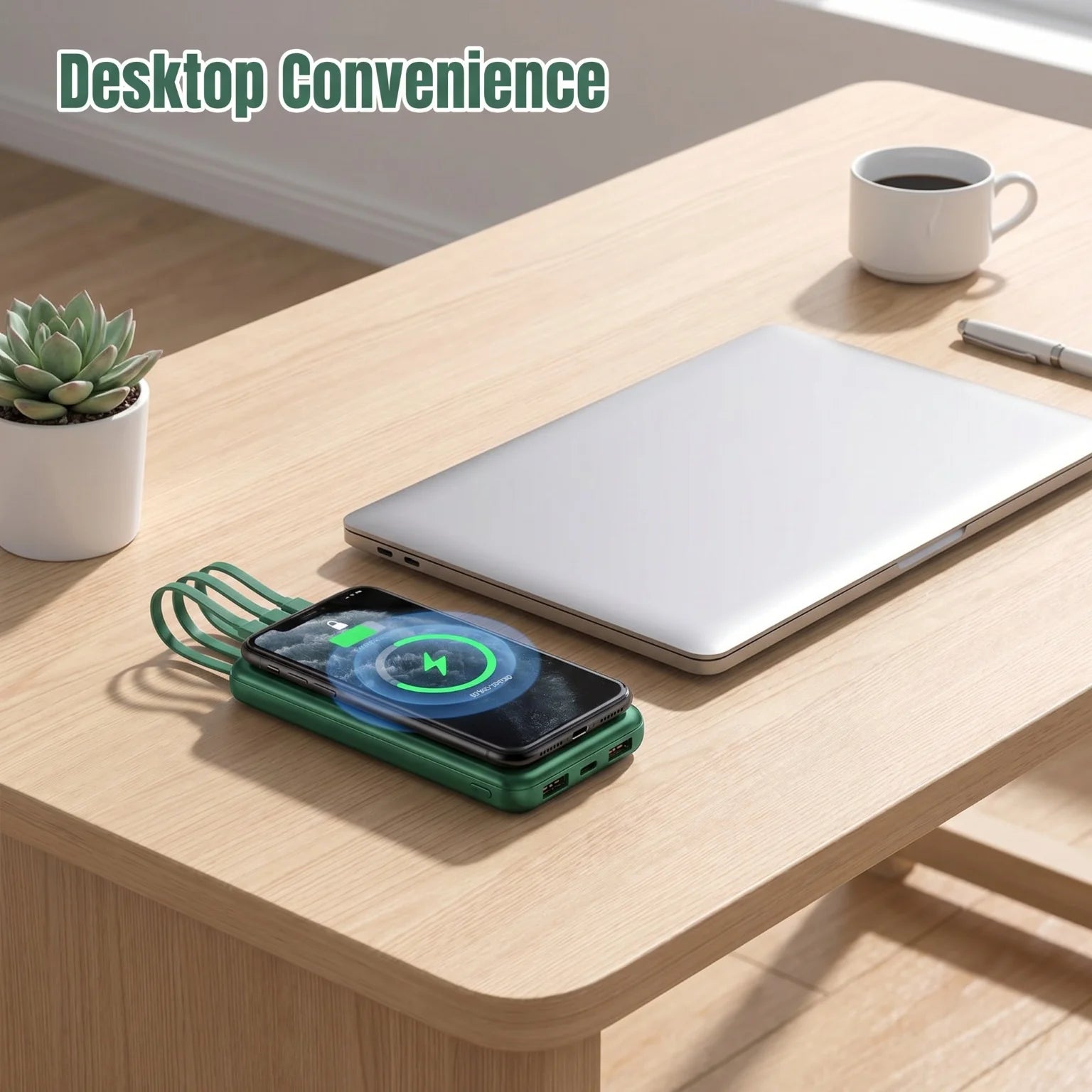 Built-in 4 Cables Wireless Power Bank 22.5W Fast Charging 15W Qi Wireless Portable External Battery Pack Digital LED Display Multi-Device Simultaneous Charging Pocket Size Powerbank For iPhone Samsung Android Phone Travel Out