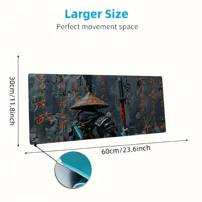 Japanese Samurai Art Mouse Pad, Traditional Calligraphy Pattern Non Slip Desk Mat Game Lovers Office Home Keyboard Desktop Decor