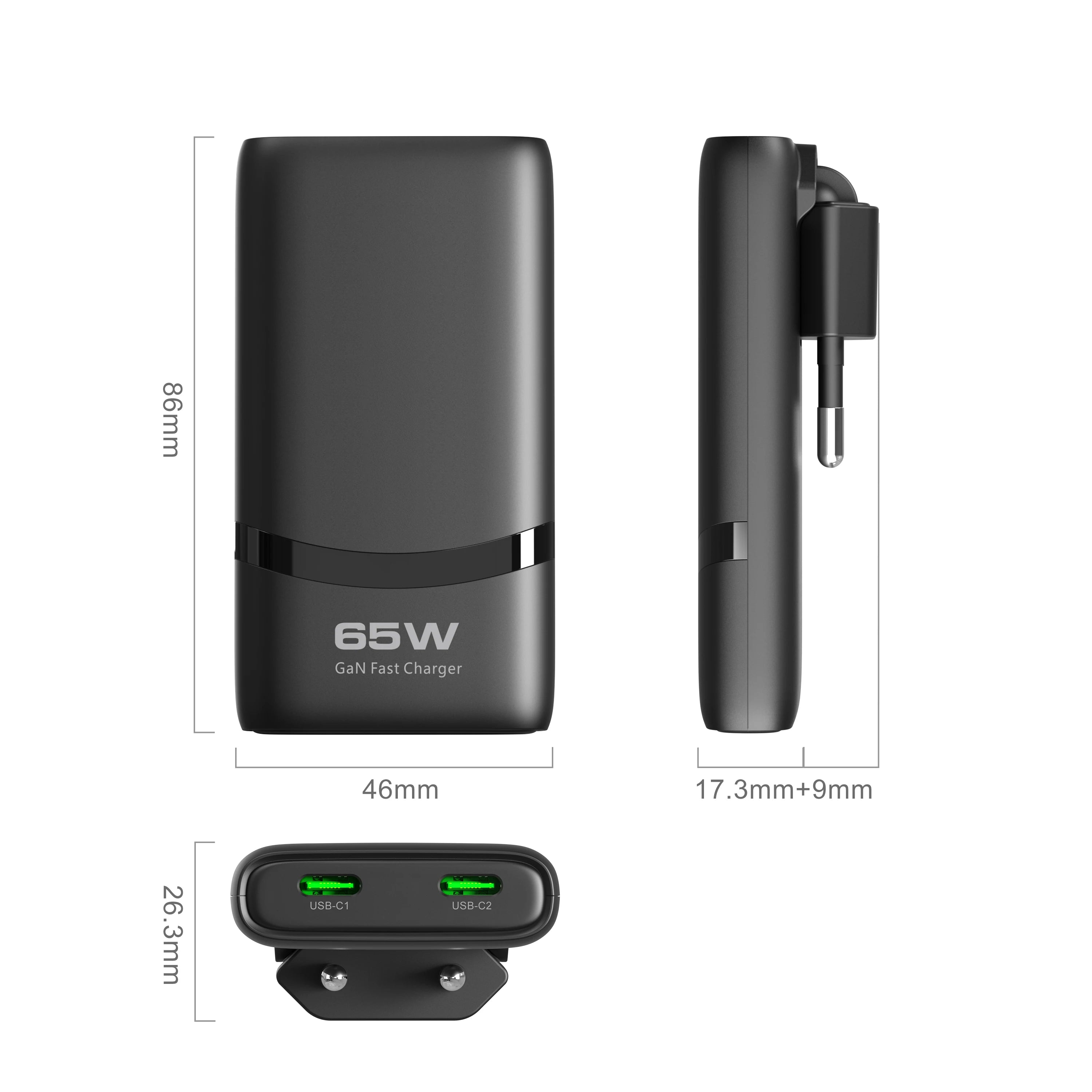 65W Flat GaN USB C Charger Dual-port Fast Wall Charger Compact Power Adapter With Foldable Plug For Mobile Phone