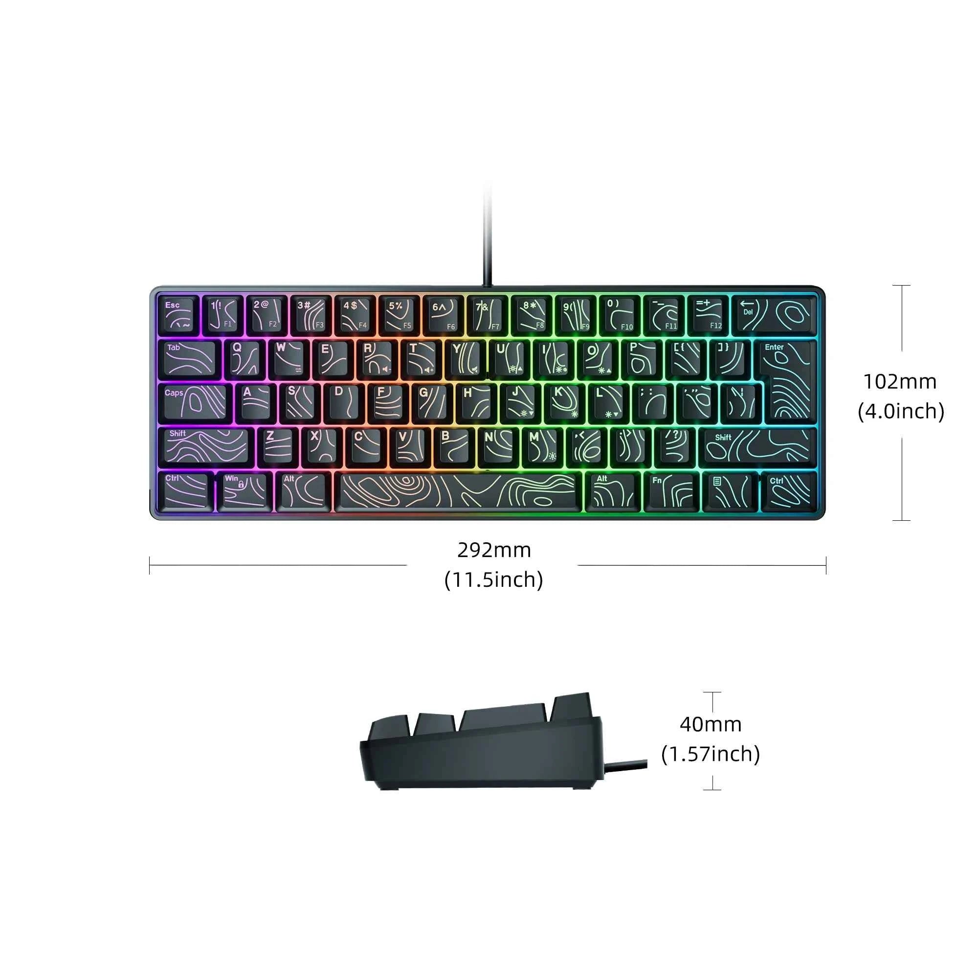 60% Compact Wired Keyboard with RGB Backlight and Membrane Keyswitches. Suitable for Windows tablets, laptops and gamers. Black.