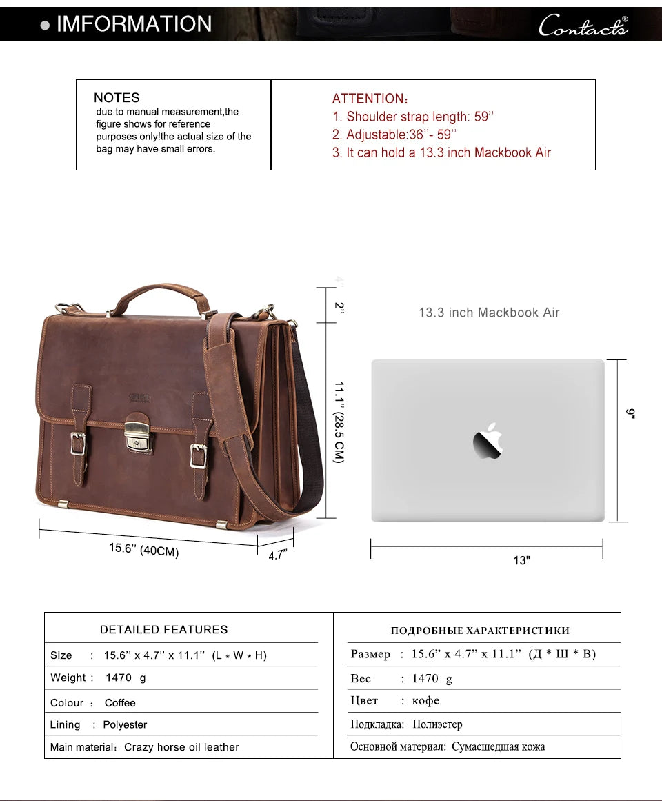 CONTACT'S Genuine Leather Business Bags for Men High Quality Briefcase Office Bag Male Tote Laptop Bags Portfolio Bag Document