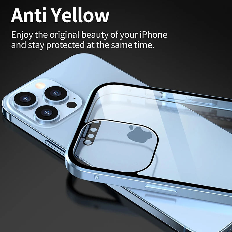 360°Full Protection Metal Magnetic Double-Sided Glass Snap Lock Anti Peeping Phone Case For iPhone 15 14 13 12 16 Pro Max Cover