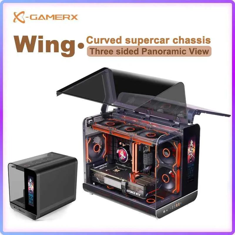 PowerTrain  X-GAMERX Phantom Wings LCD Edition Black Seaview Room Case MATX Vertical Desktop Computer 360 Water-cooling Host