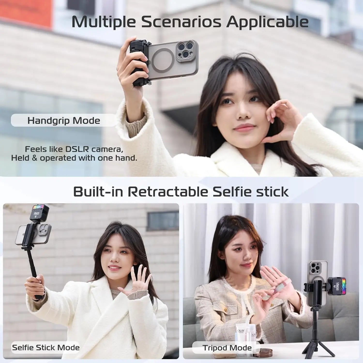 Ulanzi JJ02 Wireless Selfie Tripod With Bluetooth Remote Control Portable Foldable Monopod For Smart Phone Booster Handle Grip