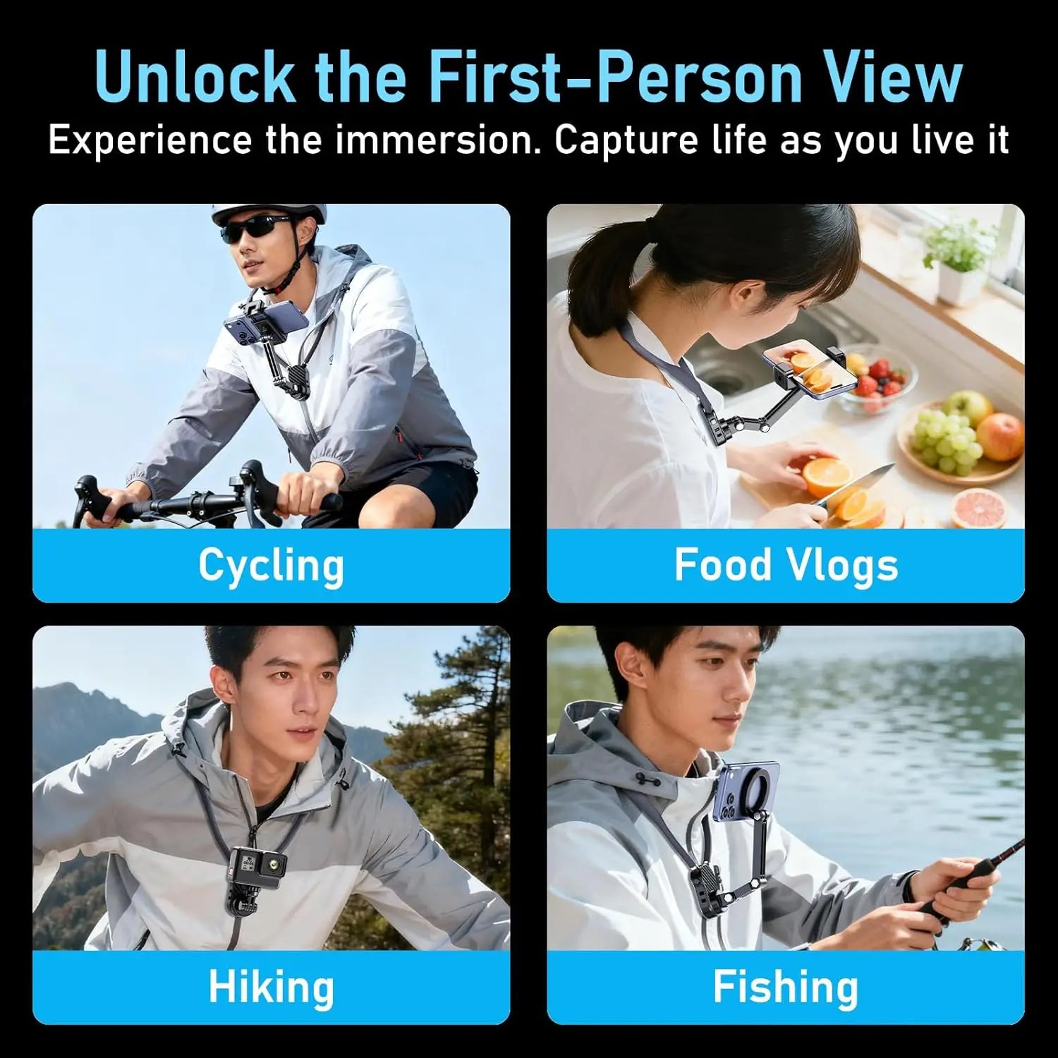 Magnetic Neck Phone Holder, POV/Vlog Recording Selfie Hand Free Neck Mount, Cooking/Riding Video Fliming, Anti-Shake Chest Strap