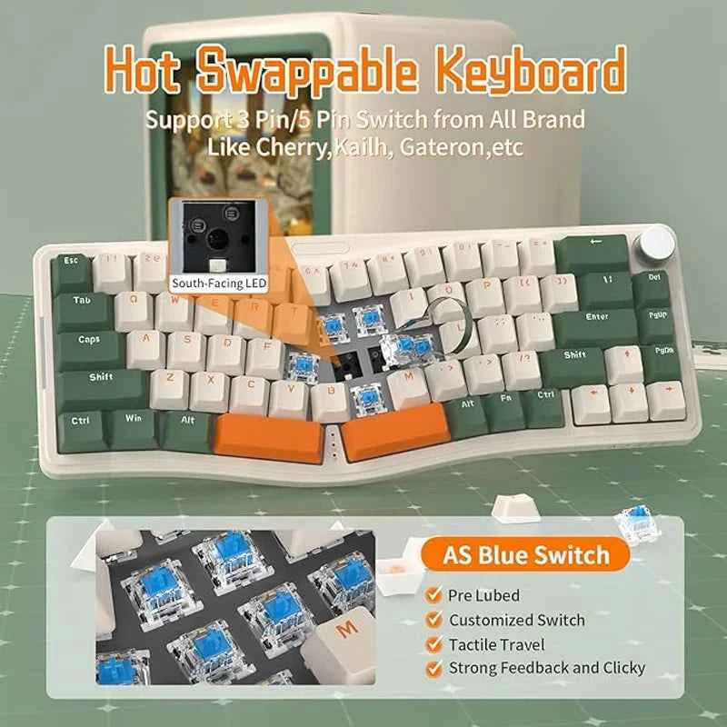 AKS068 Alice Layout Wired Mechanical Keyboard, Gasket Mount 68 Keys Ergonomic 60% Gaming Keyboard USB-C,  Hot-S