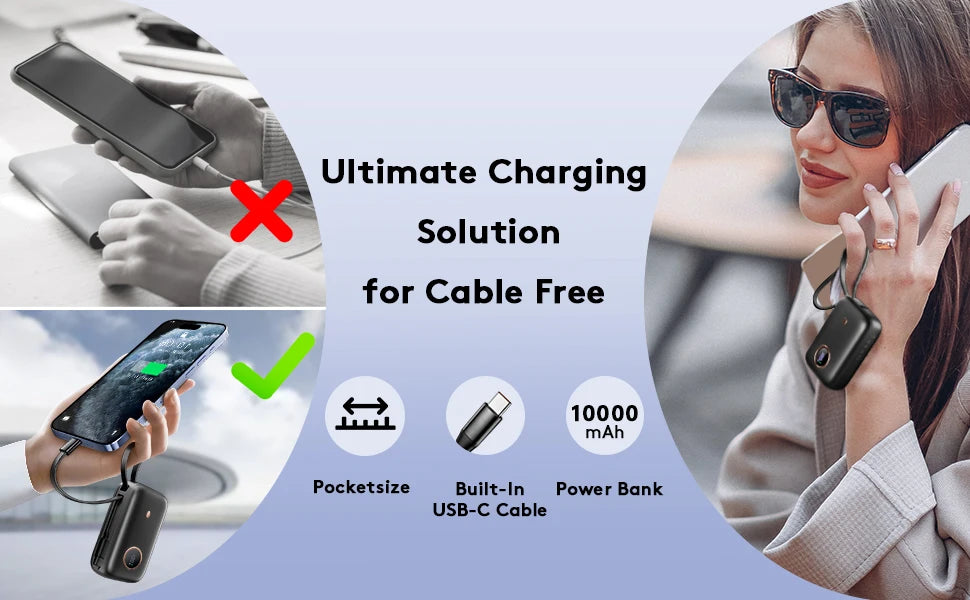 10000mAh Mini Power Bank，Ultra Compact Portable Charger with Built-in Cable，22.5W Fast Charger for iPhone Samsung Android.