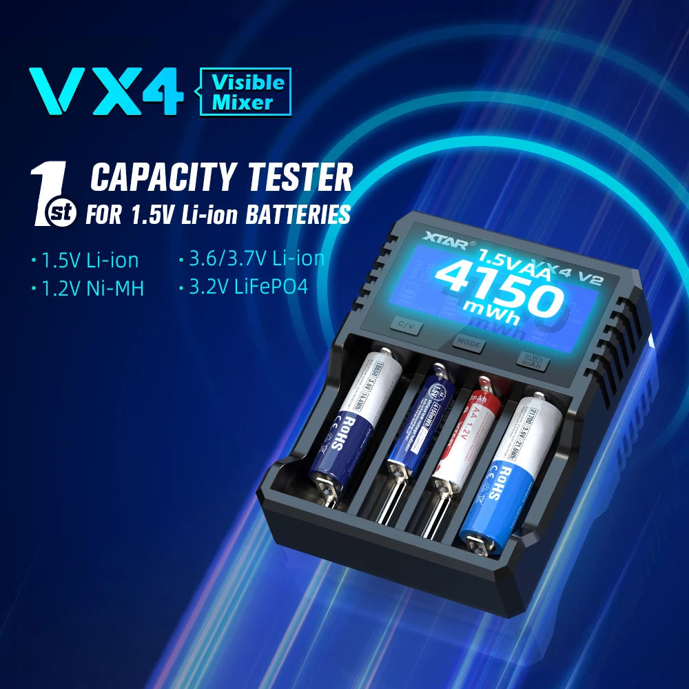 XTAR VX4 V2 18650 Battery Charger AA/AAA Li-ion LiFePO4 Ni-MH Rechargeable Battery 20W Fast Charger Battery Capacity Tester