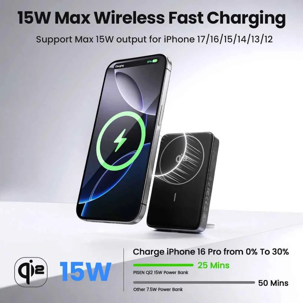 PISEN PD 30W Qi2 15W Wireless Magnetic Power Bank 10000mAh With Stand Fast Charging CCC Powerbank For MagSafe iPhone 17 16 15 14