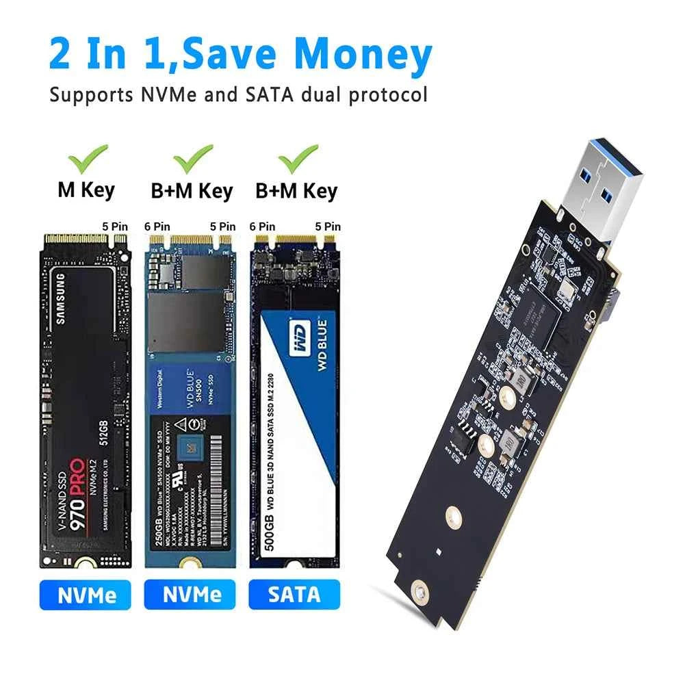 M.2 SSD SATA/NVMe To USB 3.1 Adapter B+M Key/M Key M2 To USB3.1 SSD Riser Card Hard Disk Box Adapter for 2230/2242/2260/2280 SSD