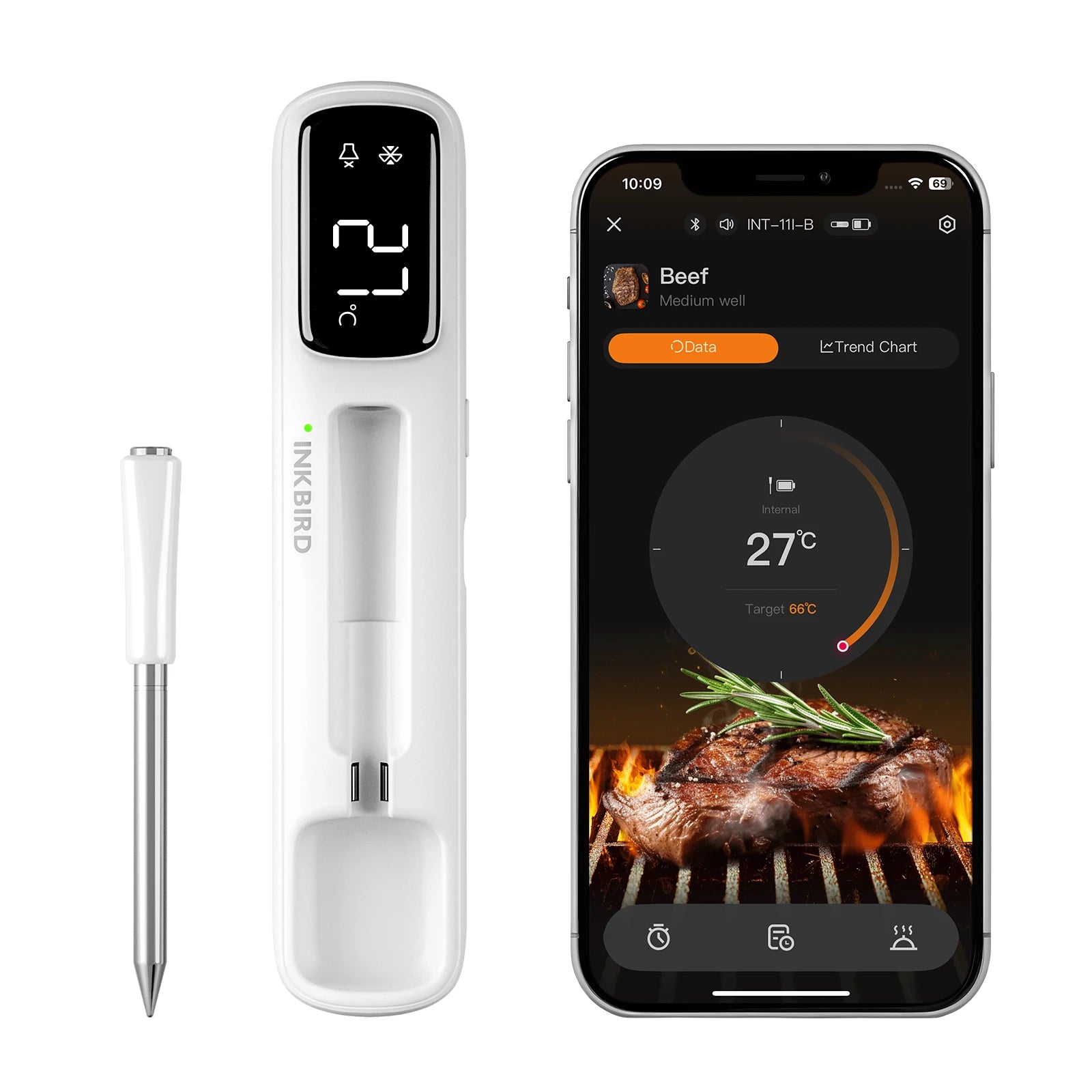 INKBIRD INT-11I-B Mini Wireless Meat Thermometer, Bluetooth 5.4 1000ft, 1s Response, IP67, 26 Presets, LED Display, for BBQ/Gril