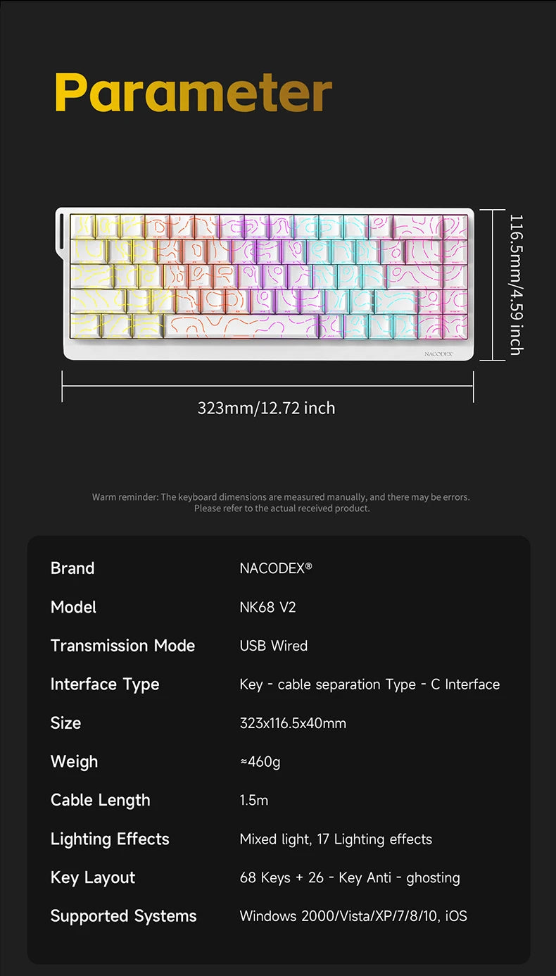 AJAZZ NK68 V2 gaming mechanical keyboard features hot-swappable keys, color backlighting, and is portable for office use