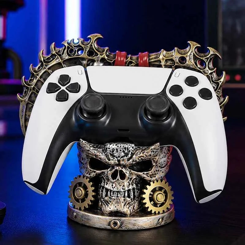 Gothic Skull Game Controller Stand Steampunk Resin Gamepad Holder Halloween Desktop Ornament Gaming Room Decor Gift for Gamers