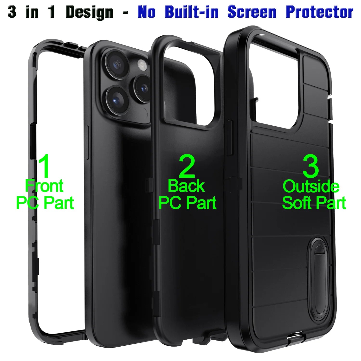 For iPhone 13/iPhone 13 Pro/iPhone 13 Pro Max 5G 3-Layers Heavy Duty Protective Kickstand Phone Cover Black Case