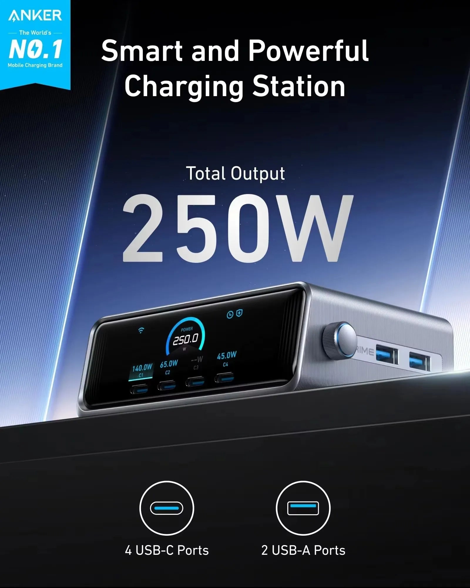 Anker Prime 250W 200W 100W GaN Prime USB C Charging Station Ultra-Fast 6-Port 2.26