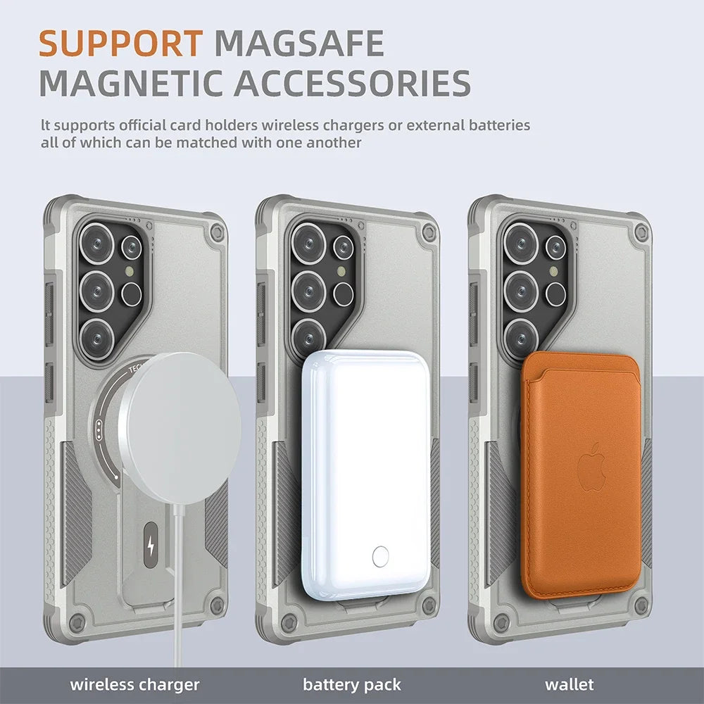 Fold Stand Holder Magnetic Armor Case For Samsung S25 Ultra S24 Plus Wireless Charging Invisible Bracket Shockproof Hard Cover