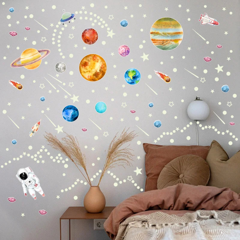Glow in The Dark Stars Wall Stickers Glowing Stars for Ceiling Luminous Planet Spaceship Wall Decals DIY Kids Room Decor