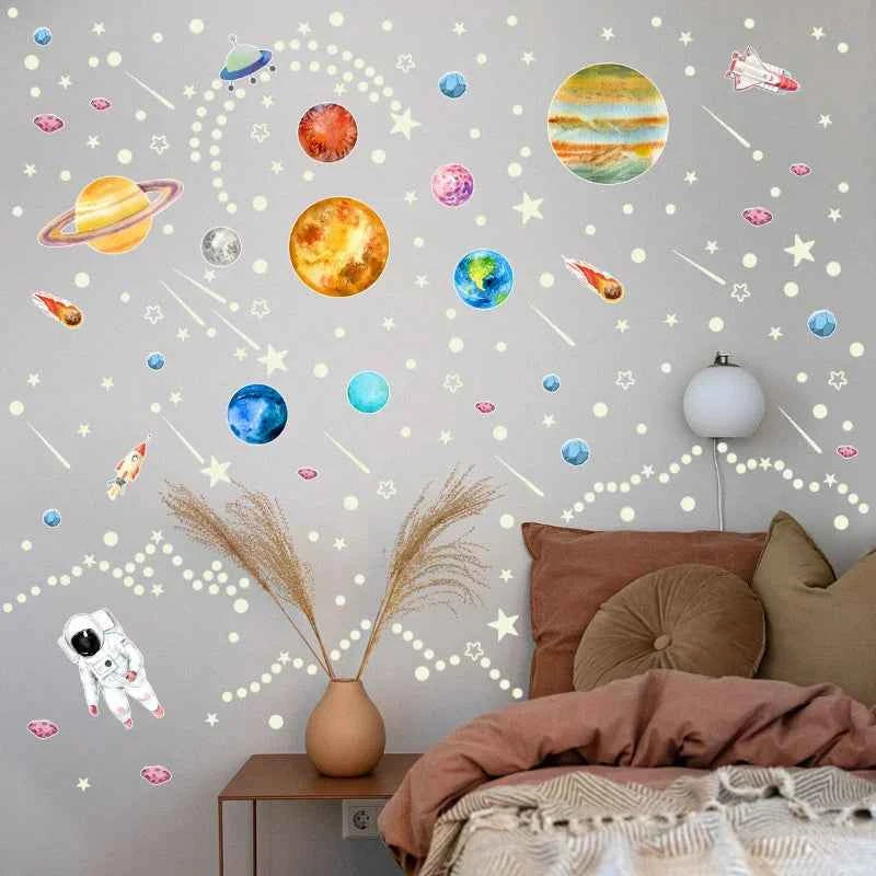 Glow in The Dark Stars Wall Stickers Glowing Stars for Ceiling Luminous Planet Spaceship Wall Decals DIY Kids Room Decor